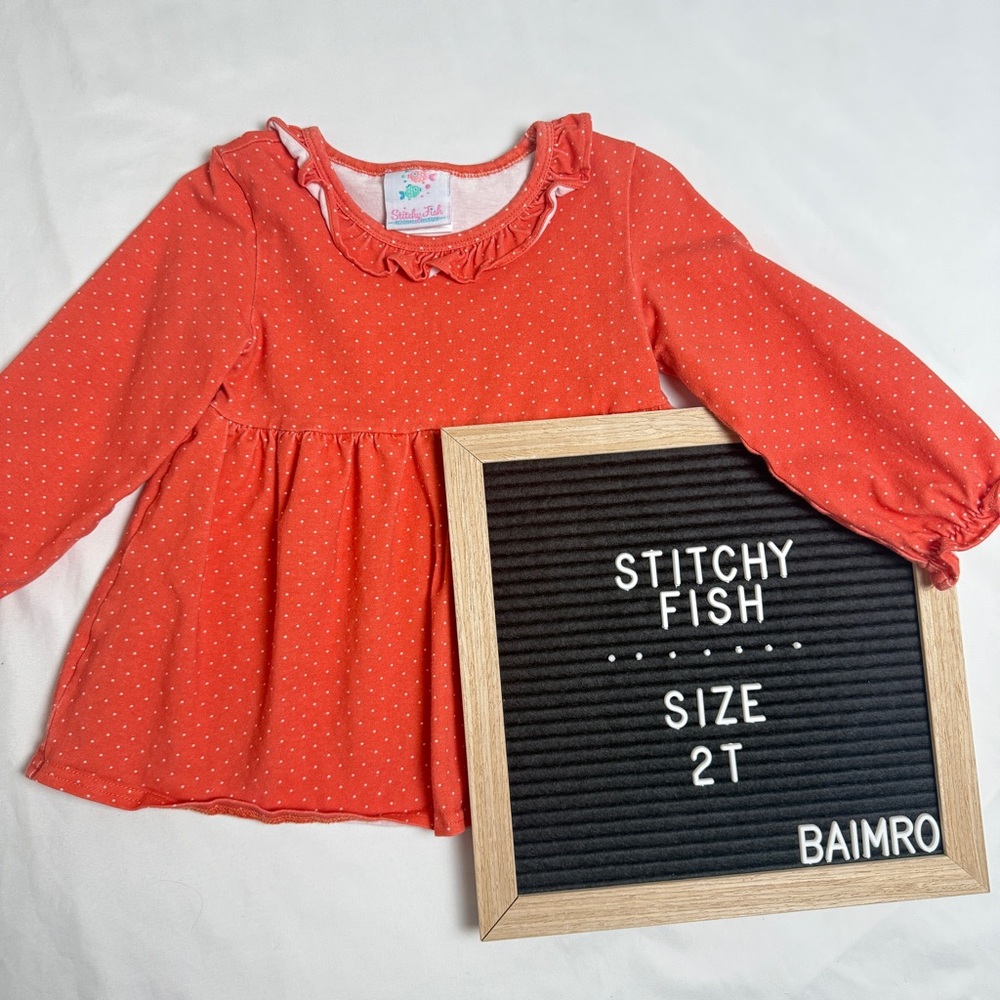 Stitchy Fish Peach Polkadot tunic w/ ruffle collar size 2T